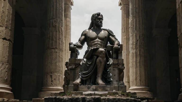 "A dark landscape image of an ancient greek society deeply connected to stoicism, black and white, ancient greek architecture, include one single big statue of a stereotypical strong greek man, marcus aurelius --ar 16:9 --