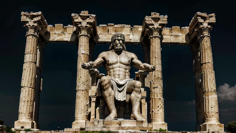 "A dark landscape image of an ancient greek society deeply connected to stoicism, black and white, ancient greek architecture, include one single big statue of a stereotypical strong greek man, marcus aurelius --ar 16:9 --