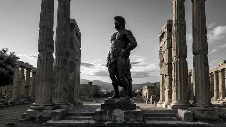 "A dark landscape image of an ancient greek society deeply connected to stoicism, black and white, ancient greek architecture, include one single big statue of a stereotypical strong greek man, marcus aurelius --ar 16:9 --