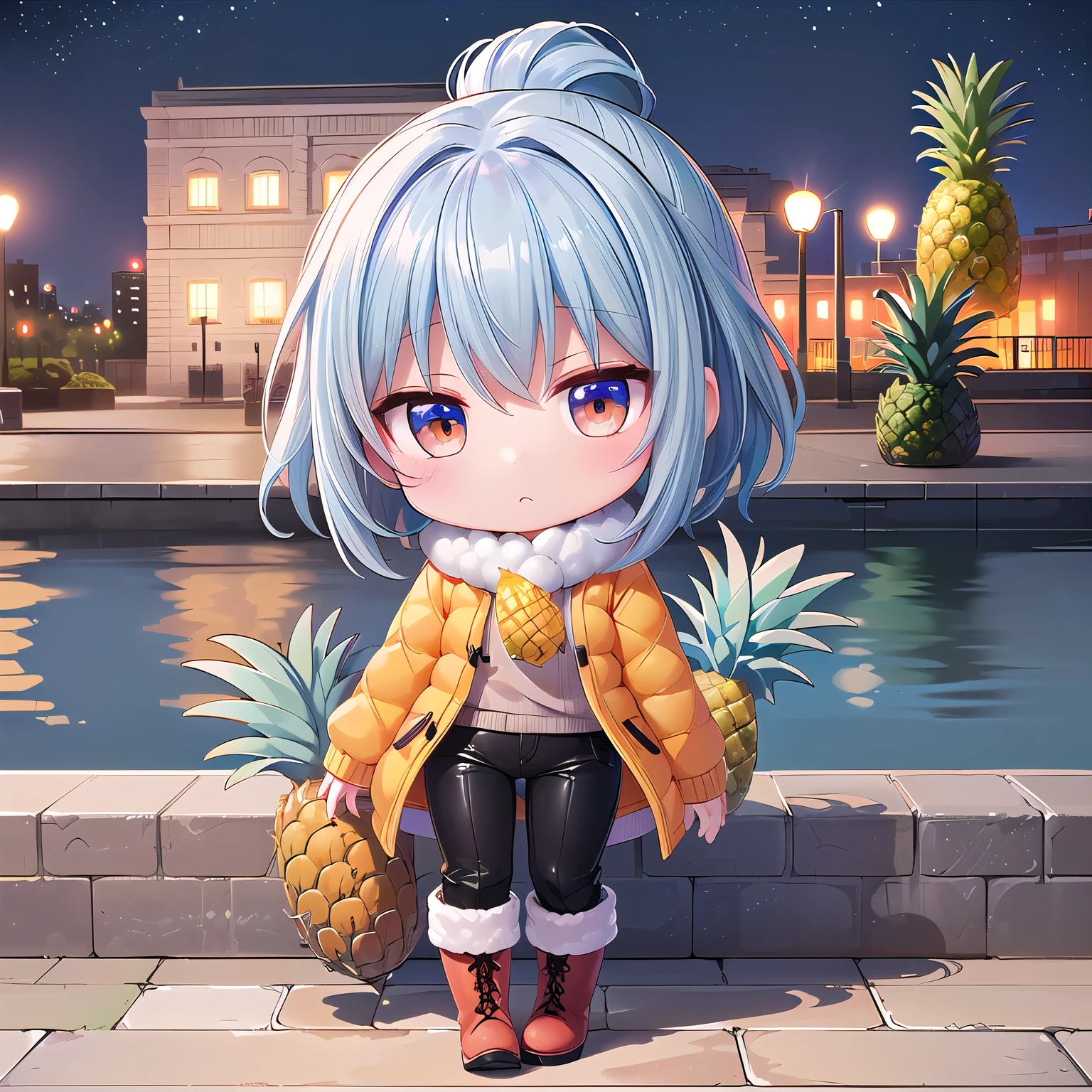 (Chibi, snap,Pineapple , Nendoroid ,stand,one girl: 1.5), (Masterpiece, almond-shaped eyes, glossy white-blue hair, short chignon hair, top quality, carefully drawn fingers, beautiful anatomy,  full body : 1.4), (Tasteful Colored pencil hand-drawn picture: 1.3), (Red cheeks, indifference, no expression, hair blowing in the wind: 1.2), (Slim and warm clothes, fluffy sweater,down coat, muffler,check pants,warm boots, put your hand on your thigh: 1.2), (fantastic view: 1.3), (brick building,pineapple building,big city:1.4),(theme park ,night:1.3)