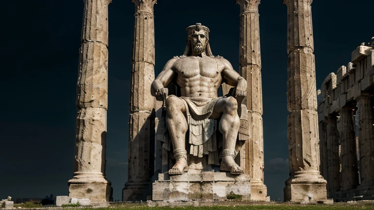"A dark landscape image of an ancient greek society deeply connected to stoicism, black and white, ancient greek architecture, include one single big statue of a stereotypical strong greek man, marcus aurelius --ar 16:9 --
