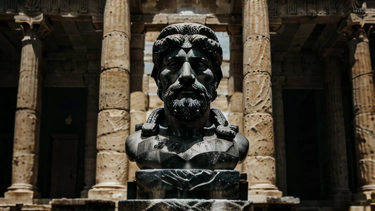 "A dark landscape image of an ancient greek society deeply connected to stoicism, black and white, ancient greek architecture, include one single big statue of a stereotypical strong greek man, marcus aurelius --ar 16:9 --