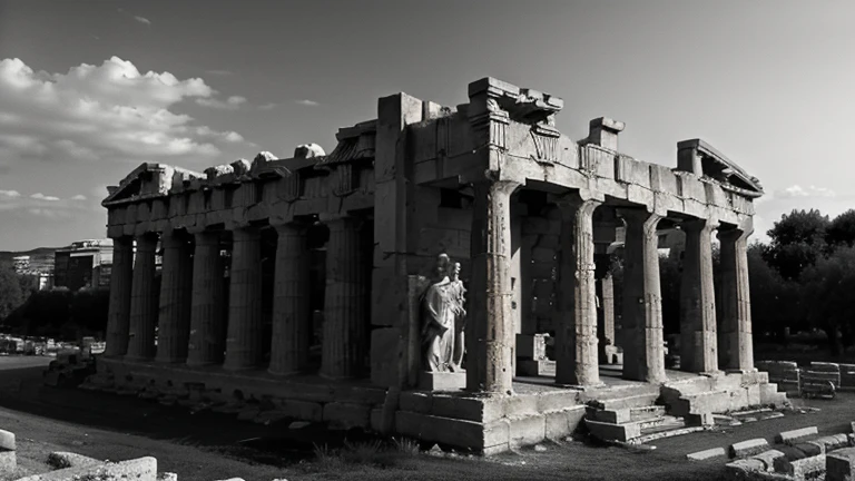 "A dark landscape image of an ancient greek society deeply connected to stoicism, black and white, ancient greek architecture, include one single big statue of a stereotypical strong greek man, marcus aurelius --ar 16:9 --