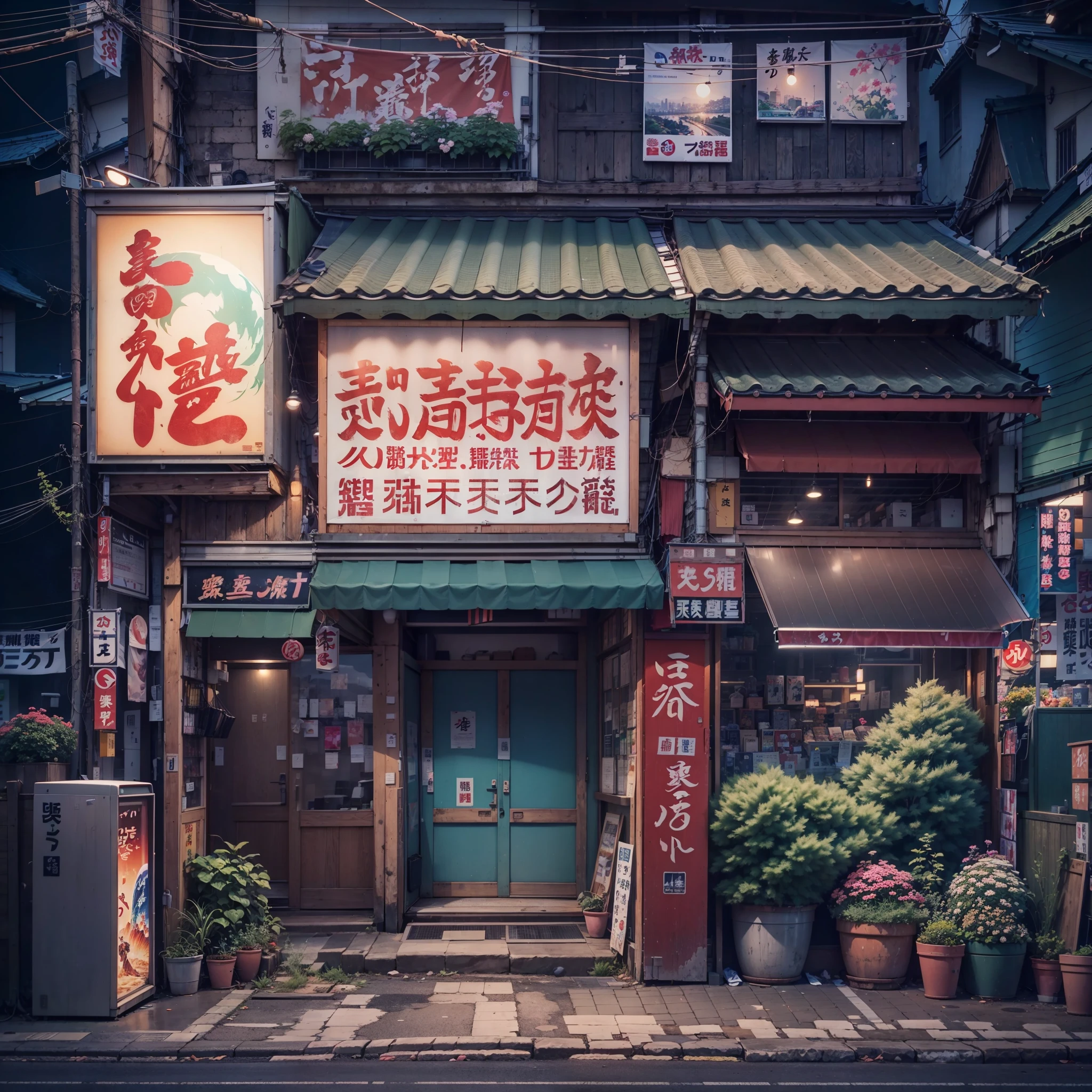 anime background, anime wallpaper, best quality, anime, anime style, anime vibe, anime scene, retro tokyo shop, 80s style japanese retro shop, shop on the side of a road where the road is overlooking the city, japan, nighttime, night time, night, dark, scene lit up from the shop, big retro japanese shop signs, japanese shop banners, japanese billboards, japanese shop signs, japanese signs, japanese banners, banners, plant pots, trash cans, air vents, gutters, telephone wires, wires, cables, air ventilation systems, (no one: 1), no one in sight, empty scene