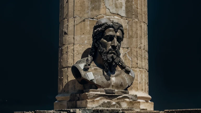 "A dark landscape image of an ancient greek society deeply connected to stoicism, black and white, ancient greek architecture, include one single big statue of a stereotypical strong greek man, marcus aurelius --ar 16:9 --