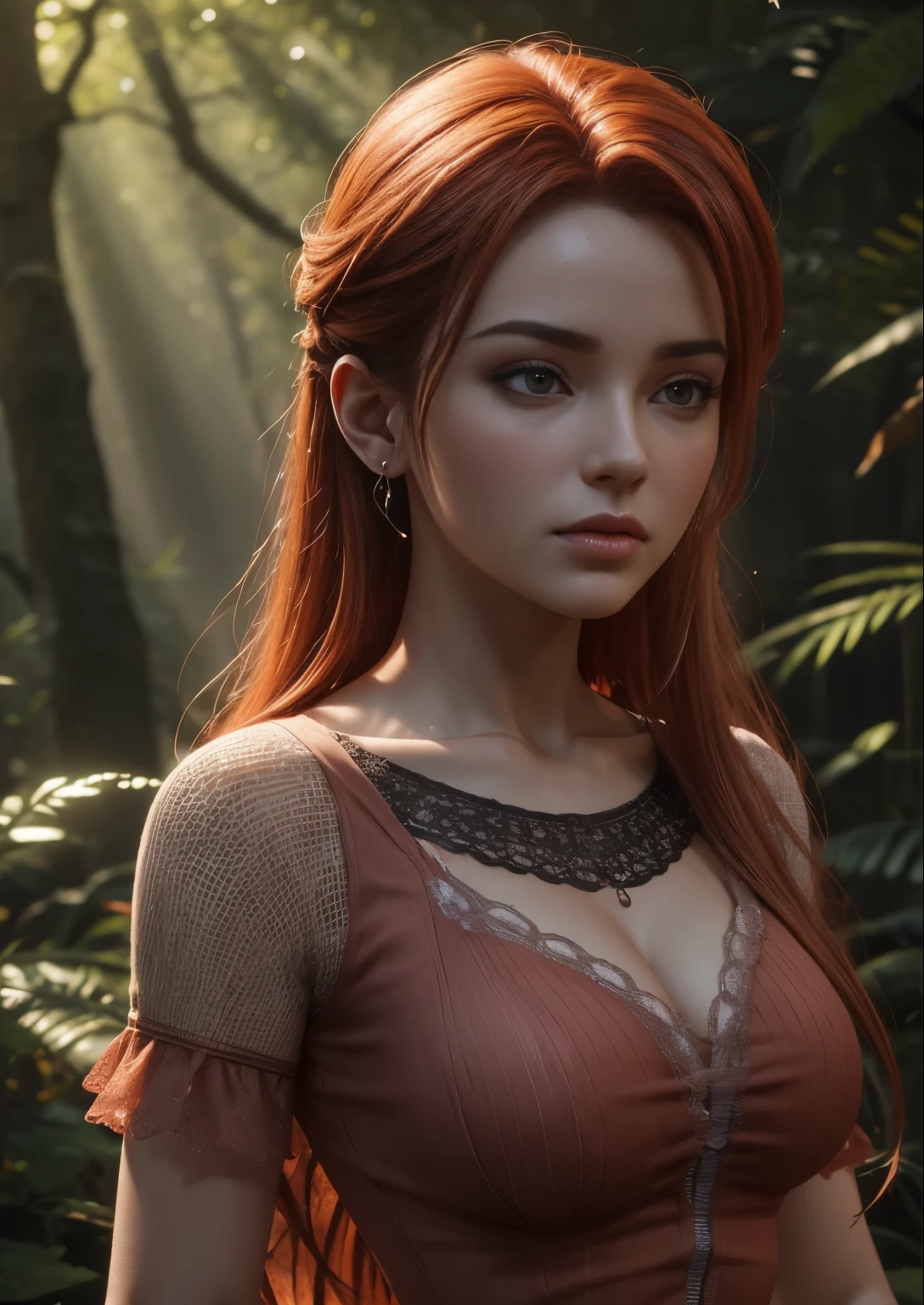 slender girl on her back looking over her shoulders, long red hair, fair skin, full body, thin thighs, small breasts, slender buttocks, detailed and defined eyes with eyeliner, bikini, thic, 3d render character art, 8k, 3d character art, realistic character concept, unreal 3d engine, detailed