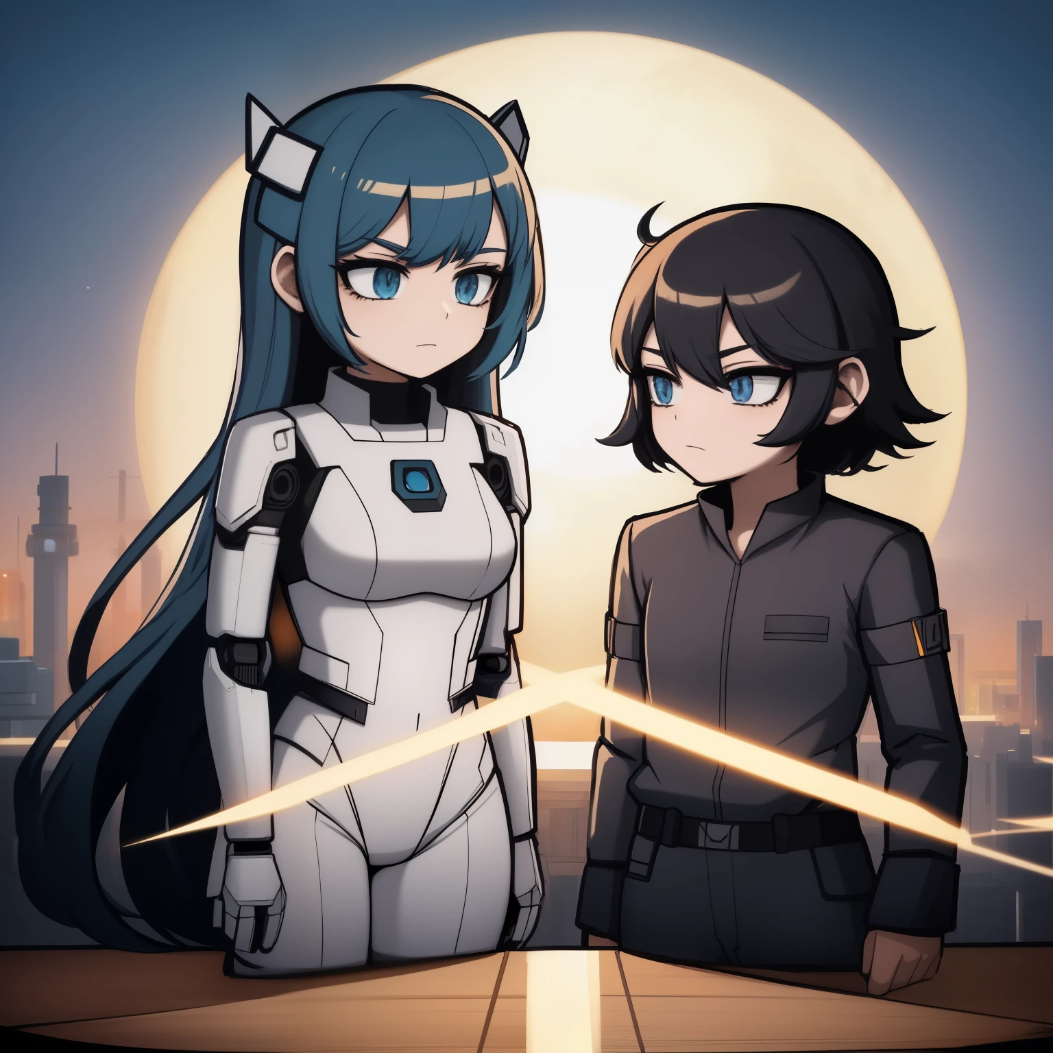 anime - style image of two female characters in front of the full moon, cute cyber gods, hero 2d fanart artsation, fully robotic!! garota-gato, fanart oficial, foco em dois androides, Hidari e Vlop, fanart de alta qualidade, android heroin, Sirius A e Sirius B, cel - estilo de arte sombreado, anime cel shaded