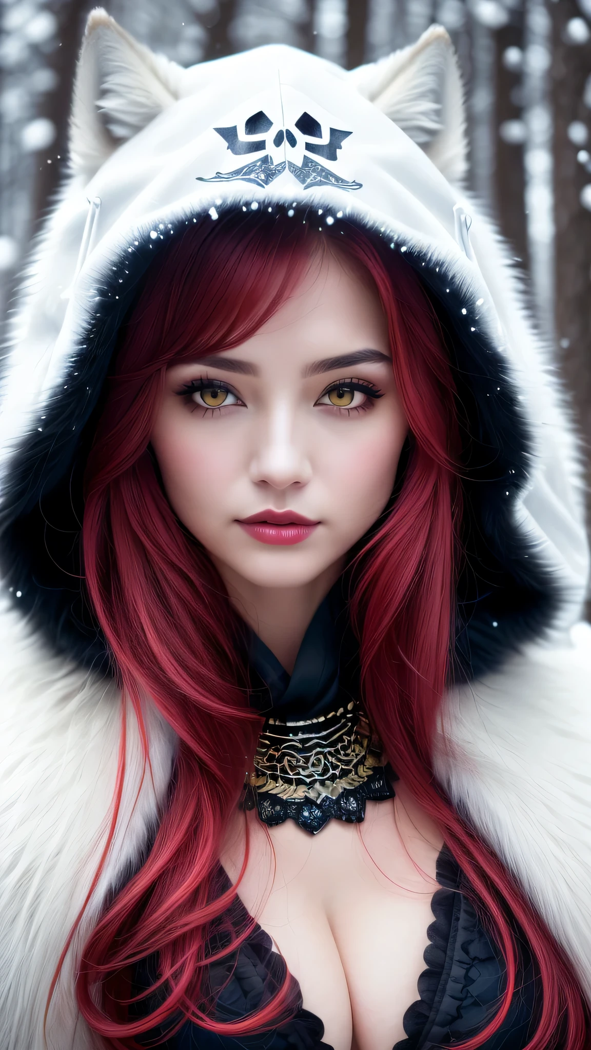 Ultra-realistic、 ultra-detailed portraits、 最high quality、 8K、highest level、 The ultra -The high-definition、(Super beautiful detailed face:1.5)、(detailed eyes:1.2)、(detailed lips:1.2)、(Detailed nose:1.2)、cinematic lighting、(anatomically correct:1.3)、((cleavage))、(I encourage you to choose a subdued and perfectly coordinated background for your phenomenal, diverse random creation)、(Use any technique of combining materials, natural, artificial, (light, heavy, airy), metals, elements and fantasy magic, any style, any outfit, ((red_eyes))、((hair is a different color than eyes)), dynamic random fancy, professional hairstyles)、1girl:1.4 22years old、fashion supermodel、real:1.66、photorealistic:1.66、(very delicate and beautiful、fine details:1.3)、masterpiece、 最high quality、 (high quality)、 (absurdres)、 (sharp fous)、(Glamour, paparazzi taking pictures of her)、 contrast、 (dark shot:1.07)、red_lipstick:1.25、((perfect round eyes))、((snow-white realistic natural wolf skull as a hood with raw wolf fur:1.29))、(matte skin:1.3)