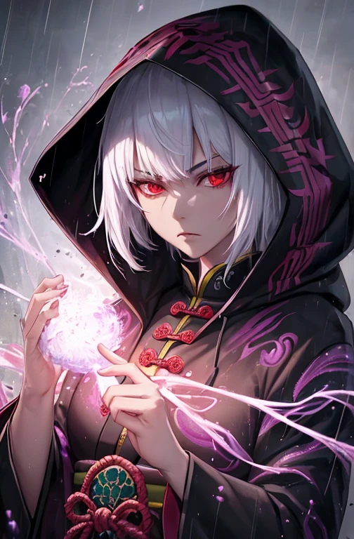 kk, best quality, more details, masterpiece, 1girl, kaneki ken, portrait, male focus, red eyes, solo, bangs, looking at viewer, hood, short hair, rain, tokyo tokyo \(hell\), hood up, nail polish, white hair, luxurious, 8k, detailed, ray tracing, depth of field, cinematic lighting, devil, demon, (((Susanoo))), storm, man, middle ages, feudal Japan, serious expression, Shui Mo Hua, Chinese painting style, Thangka style, masterpiece, weak sunlight, depth of field, best quality