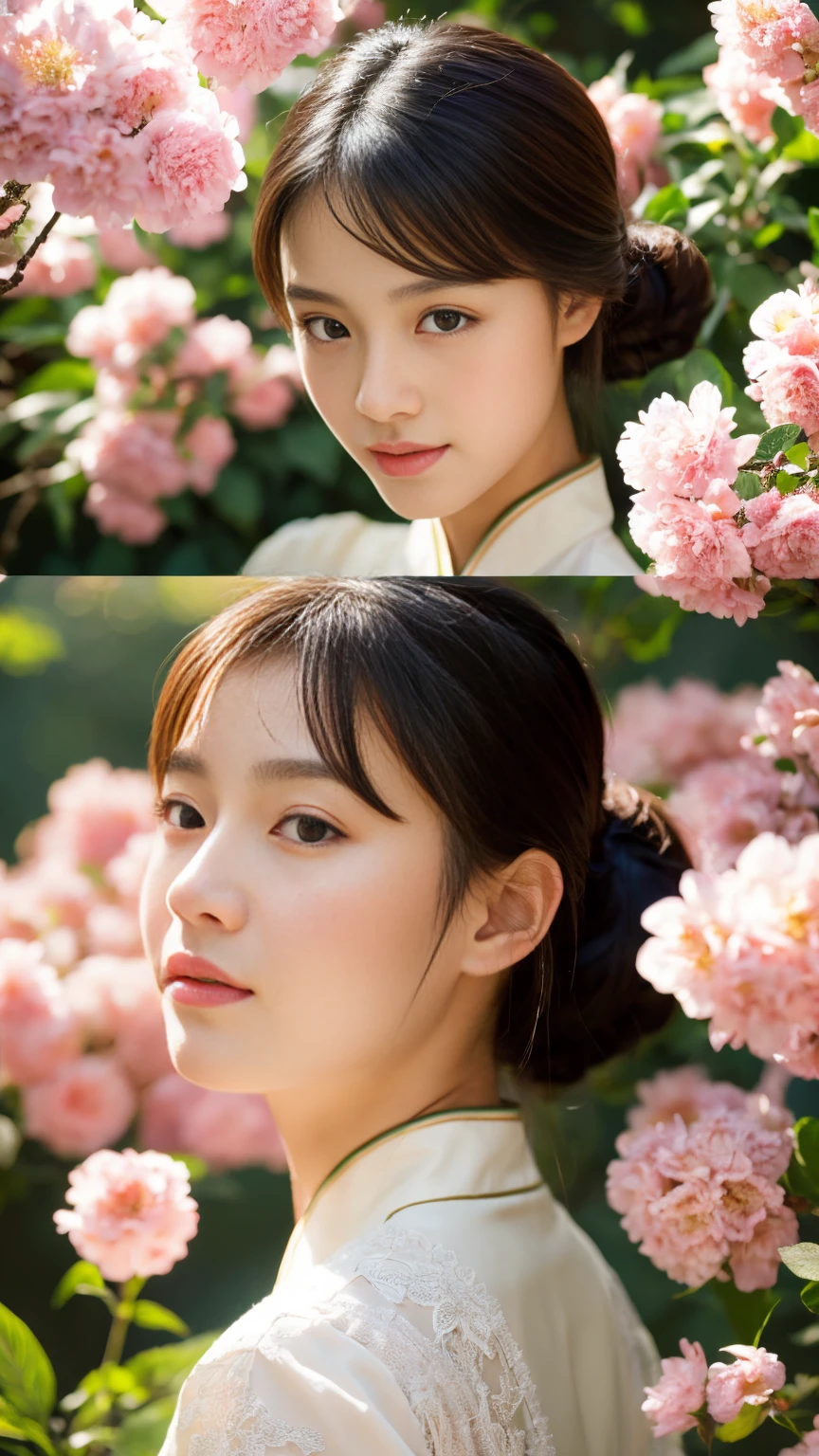 Girl with exquisite facial details, Beautiful lips and eyes, Chinese beauty, in a garden, Wearing a traditional cheongsam, With a graceful posture and a calm look. She is surrounded by blooming flowers and lush greenery. Sunlight gently penetrates through the leaves, Cast a soft and warm glow on her face. The artwork is created using oil painting techniques, Emphasis on ultra-detailed brushwork and realistic rendering. The colors are vivid and vivid, with a touch of romanticism. Overall image quality is of the highest standard, 4K resolution and photorealistic details. Lighting is、Enhance the beauty of girls、Carefully designed to create a calm and peaceful atmosphere.
