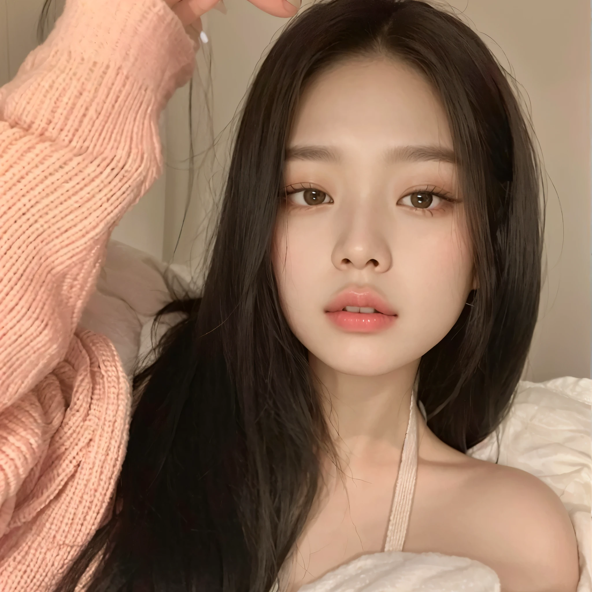 a close up of a woman with long hair and a sweater, jennie blackpink, Ulzzang, linda mulher sul-coreana, linda jovem coreana, young lovely korean face, coreana, linda jovem coreana, adorable and pale korean face, young pale and beautiful asian face, com rosto redondo, maquiagem sul-coreana popular, south east asian com rosto redondo, pale round face