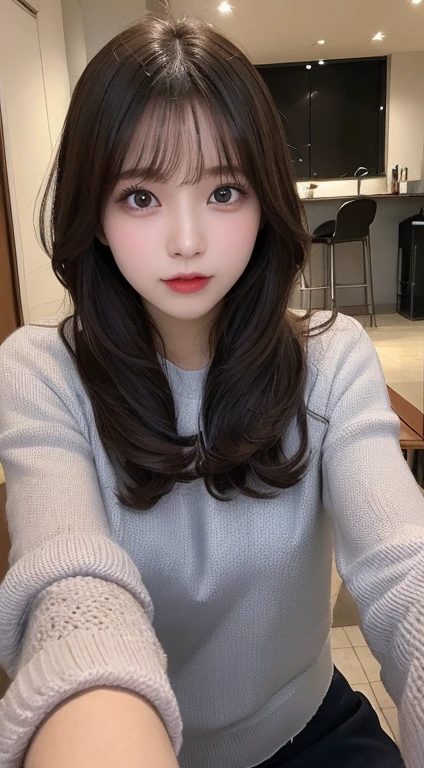 masutepiece, Best Quality, Illustration, Ultra-detailed, finely detail, hight resolution, 8K Wallpaper, Perfect dynamic composition, Beautiful detailed eyes, Winter clothes,Medium Hair,,Natural Color Lip, a room、20 years girl、Cute、Show your sexy look to the camera,Face that feels ecstasy,blur backgroun,selfee