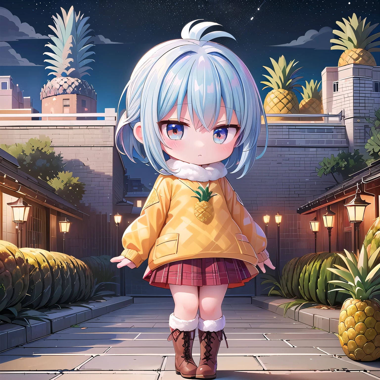 (Chibi, snap shot,Pineapple , Nendoroid ,stand,one girl: 1.5), (Masterpiece, almond-shaped eyes, glossy white-blue hair, short chignon hair, top quality, carefully drawn fingers, beautiful anatomy, full body : 1.4), (Tasteful Colored pencil hand-drawn picture: 1.3), (Red cheeks, indifference, no expression, hair blowing in the wind: 1.2), (Slim and warm clothes, fluffy sweater,globe, chic down coat, muffler,check skirt,warm boots: 1.2), (fantastic view: 1.3), (brick building,pineapple building,big city:1.4),(theme park ,night:1.3)