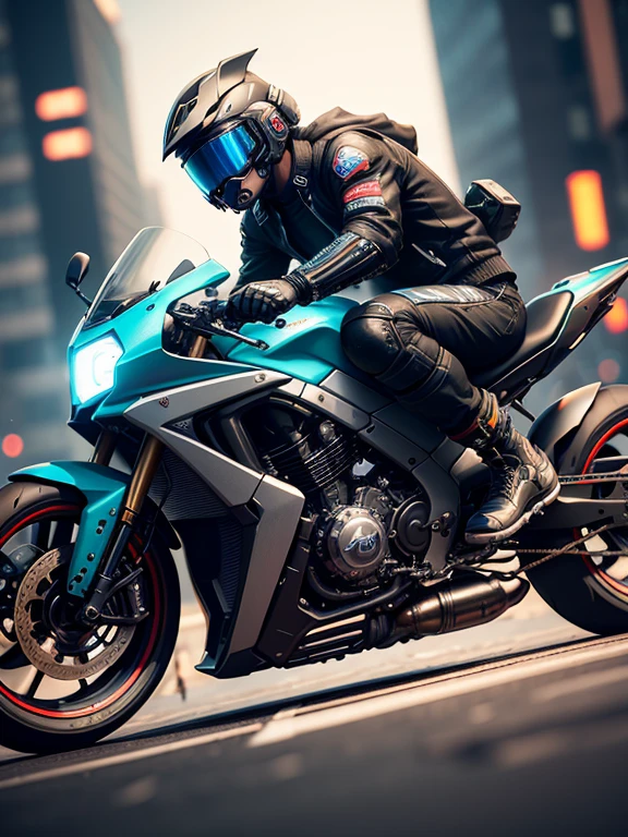(hiperrealismo:1.1),(Detalle:1.2)8k,Cyberpunk hombre con casco en una moto futurista, , 8k, ultra realista, Comprobar antecedentes,bokeh (estilo ciberpunk), dynamic perspective
