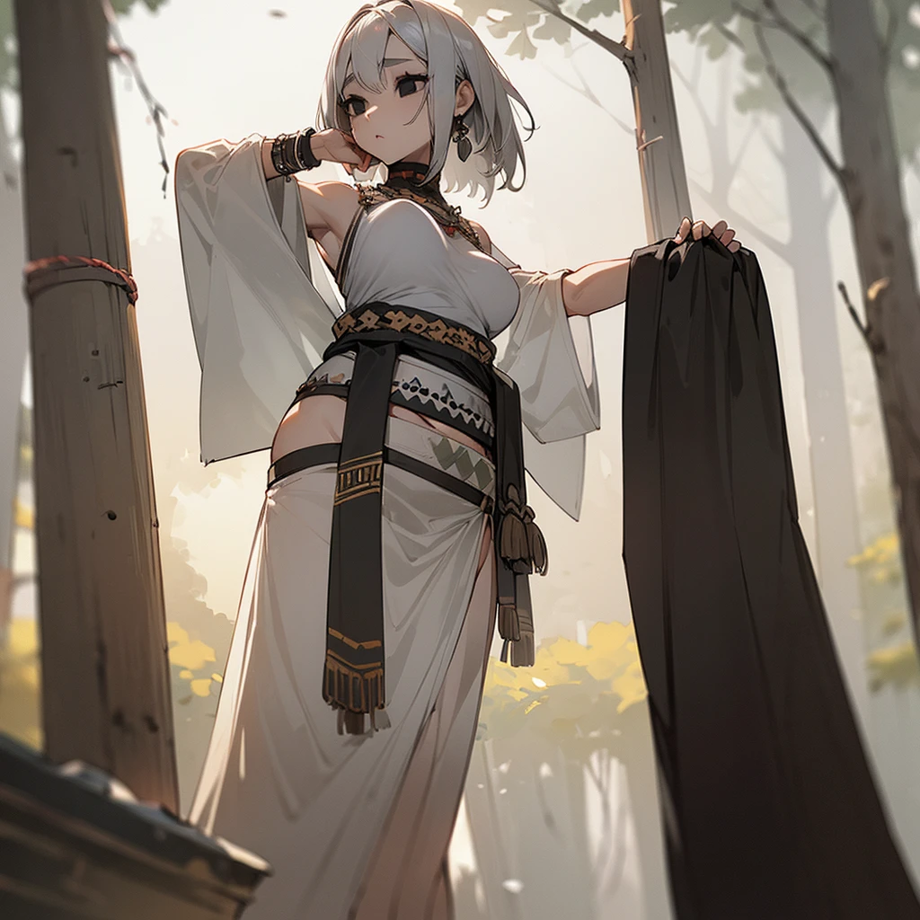 (((Alone))),(((Woman))),(((Thin waist))),(((Average breasts))),(((Light skin))),(((Gray Hair))),(((Serene black eyes))),(((Beautiful face))),(((Wearing tribal clothes)))