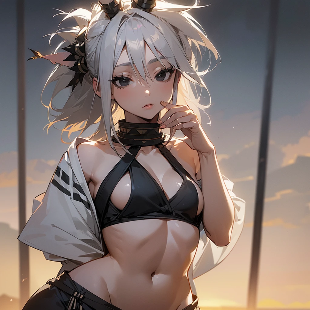 (((Alone))),(((Woman))),(((Thin waist))),(((Average breasts))),(((Light skin))),(((Gray Hair))),(((Serene black eyes))),(((Beautiful face))),(((Wearing tribal clothes)))