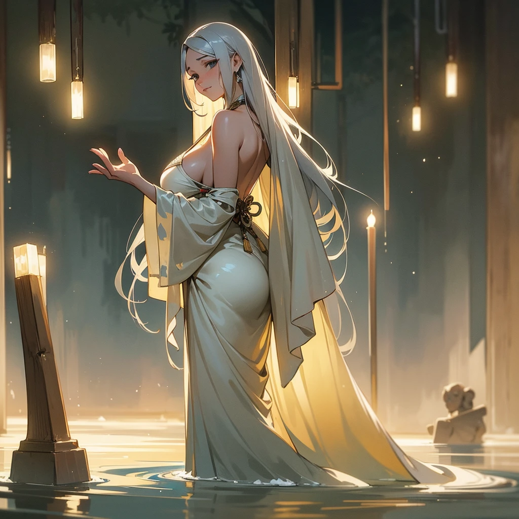 Silent beauty, ethereal and captivating, a woman stands alone in her solitude. With a thin waist and average breasts, her figure exudes grace and elegance. Her light skin glows softly under the moonlight, accentuating the delicacy of her features. Her gray hair cascades down her back like a gentle waterfall, adding a touch of wisdom and maturity to her presence.
Her serene black eyes are like deep pools, reflecting the tranquility of her soul. Framed by long, dark lashes, they hold a glimpse of ancient wisdom and hidden mysteries. Her face is a masterpiece of symmetrical perfection, with high cheekbones and a slender nose. The delicate curve of her lips, perfectly accentuated, speaks of a hidden smile waiting to be discovered.
She is dressed in tribal clothes, adorned with intricate patterns and vibrant hues. The fabric embraces her body, enhancing her natural beauty. The colors blend harmoniously, mirroring the rich diversity of her spirit. Her attire is a testament to her connection with nature and her respect for ancient traditions.
The image quality is of the highest caliber, showcasing every breathtaking detail. The resolution is set to its maximum capacity, with options ranging from 4K to 8K. The artwork is ultra-detailed, capturing every nuance and creating a truly immersive experience. The realism is emphasized, with photorealistic rendering that brings the image to life. The lighting is soft and natural, casting a gentle glow that enhances the ambiance of the scene.
This artwork showcases a portrait style, capturing the essence of the woman's inner world. The color palette is chosen with care, evoking a sense of calm and tranquility. Soft pastel tones and earthy hues create a serene atmosphere, inviting viewers to immerse themselves in the beauty of this solitary moment.
Together, these elements create a masterpiece that celebrates the timeless beauty of the human form and the serenity of solitude. It is a tribute to the strength and grace tha