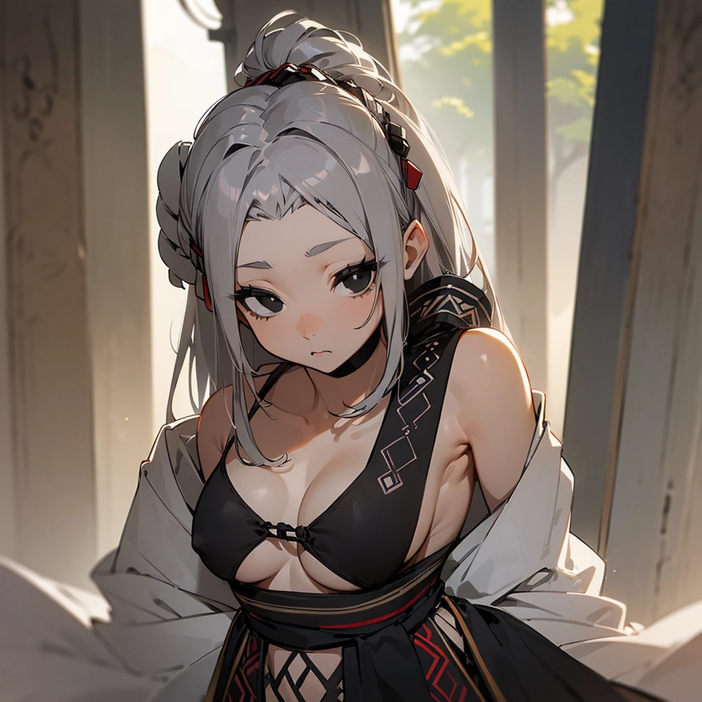 (((Alone))),(((Woman))),(((Thin waist))),(((Average breasts))),(((Light skin))),(((Gray Hair))),(((Serene black eyes))),(((Beautiful face))),(((Wearing tribal clothes)))