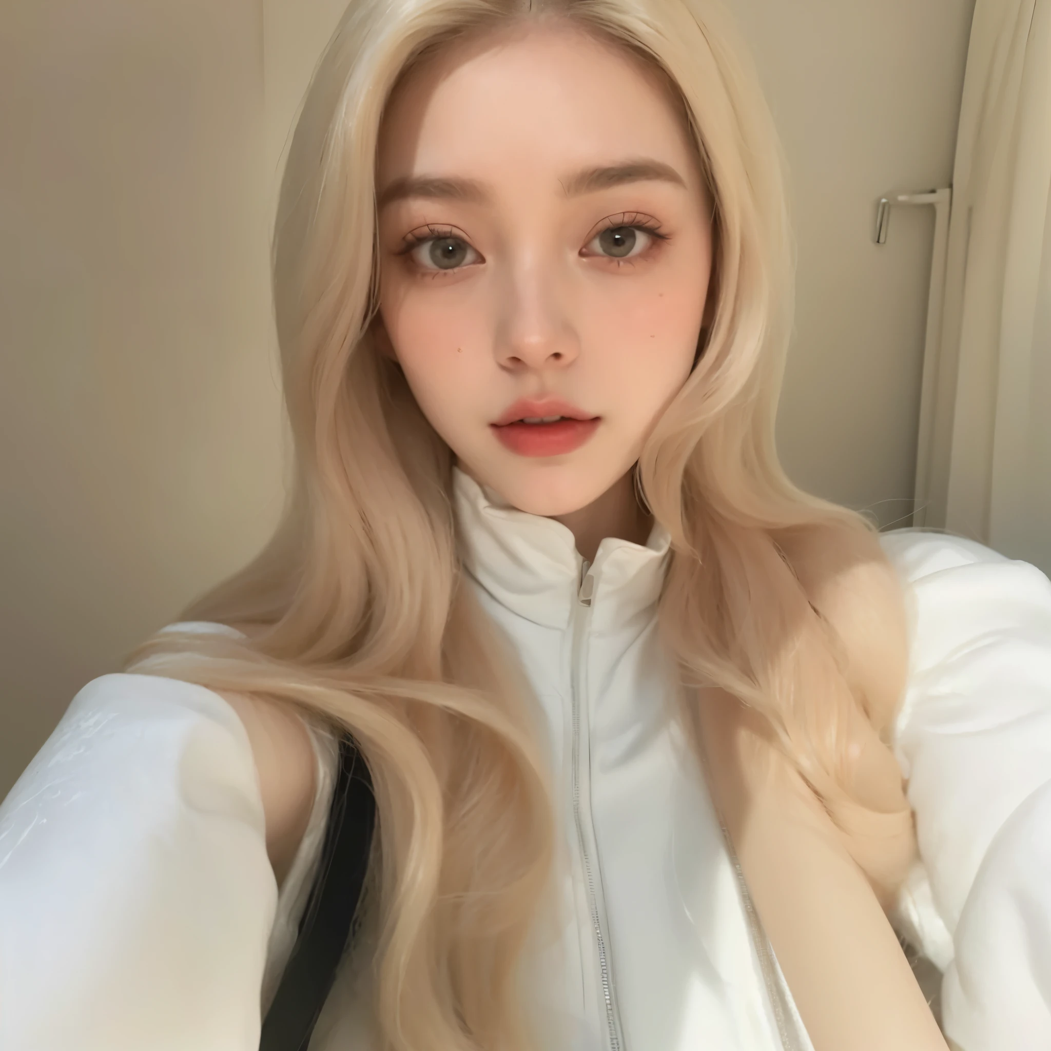 um close de uma mulher com longos cabelos loiros vestindo uma jaqueta branca, pale and glowing skin, pale porcelain white skin, soft and flawless pale skin, pale round face, Modelo IG | artegerm, com cabelos longos brancos, pele clara cabelo loiro cacheado, fair and pale skin!!, pale milky white porcelain skin, beautiful aesthetic face, Ulzzang, natural soft pale skin
