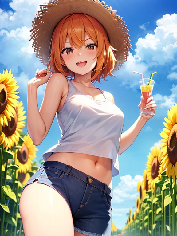Anime illustration of a girl with orange, very short and Permed hair, radiating a big smile at me in the sunflower field. She wears a white tank top shirt and hot pants, her delicate body showcased in a low length outfit. In anime's signature style, The girl is 5 , adding an adorable charm, and she wears a straw hat, angle from below,前かがみの姿勢
