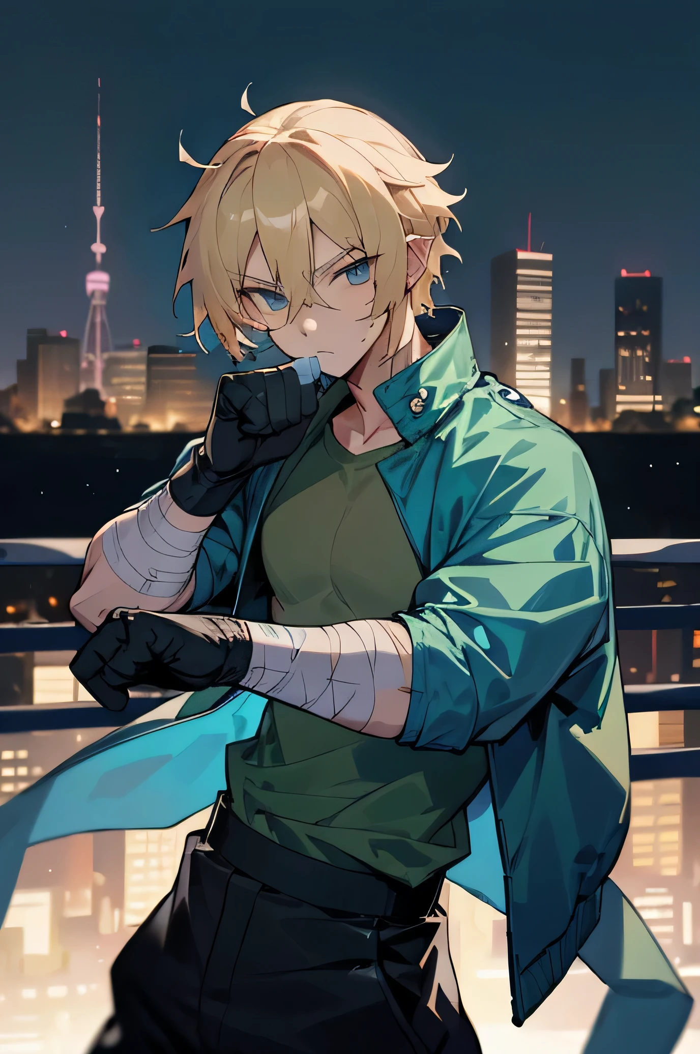 Male, Muscular, Blonde Short hair, blue eyes, hands wrapped in bandages, City background, boxing stance, Jet blue jacket, green t-shirt, black pants.