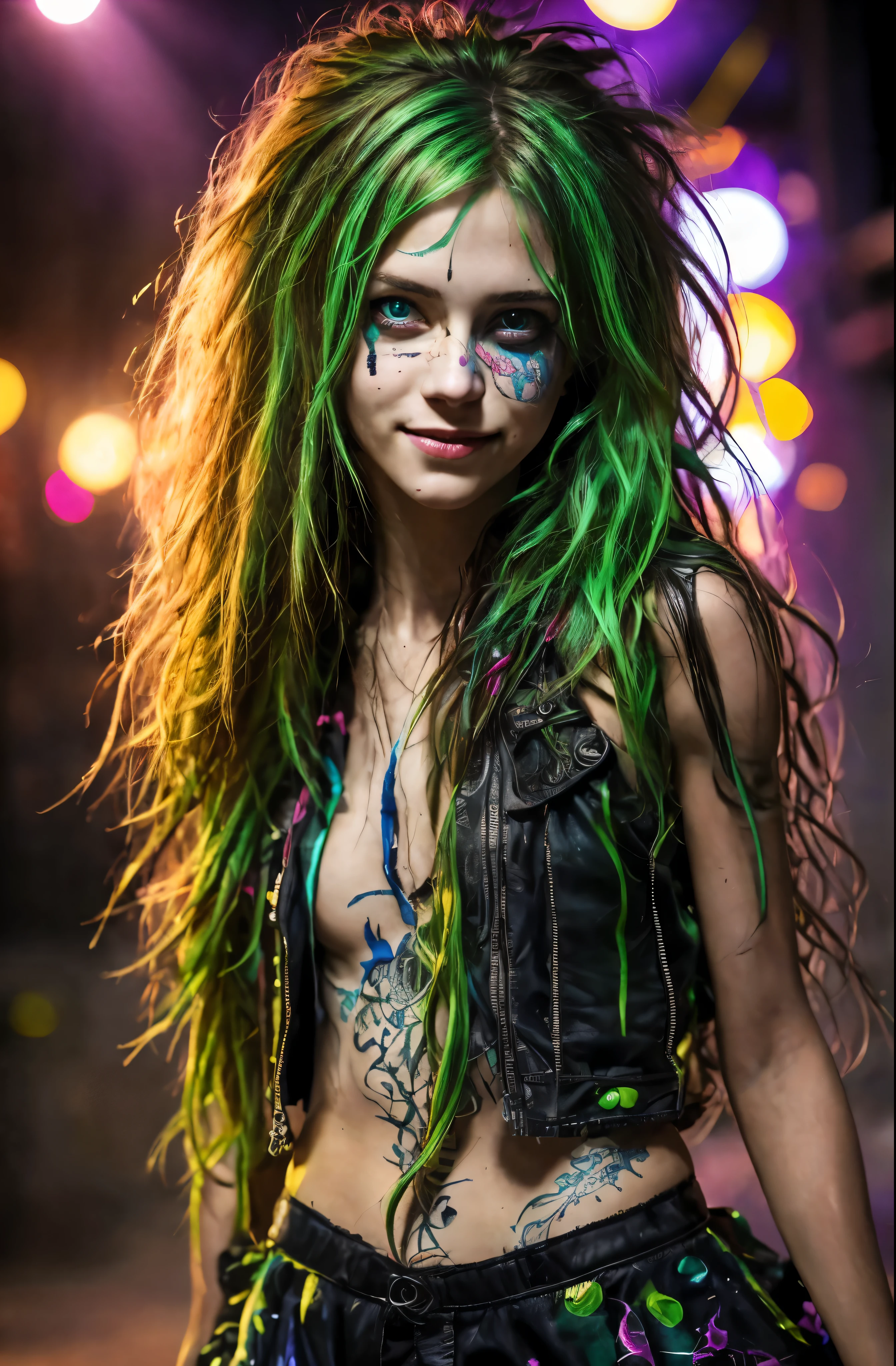 Ultra-detailed image of an 18-year-old toxic punk woman, mischievous eyes, long dirty hair, extremely sexy, Sloppy look, Short skirt, In Dynamic, smiling, bright colors, Intricate details of her beautiful eyes and perfect face, rim light.