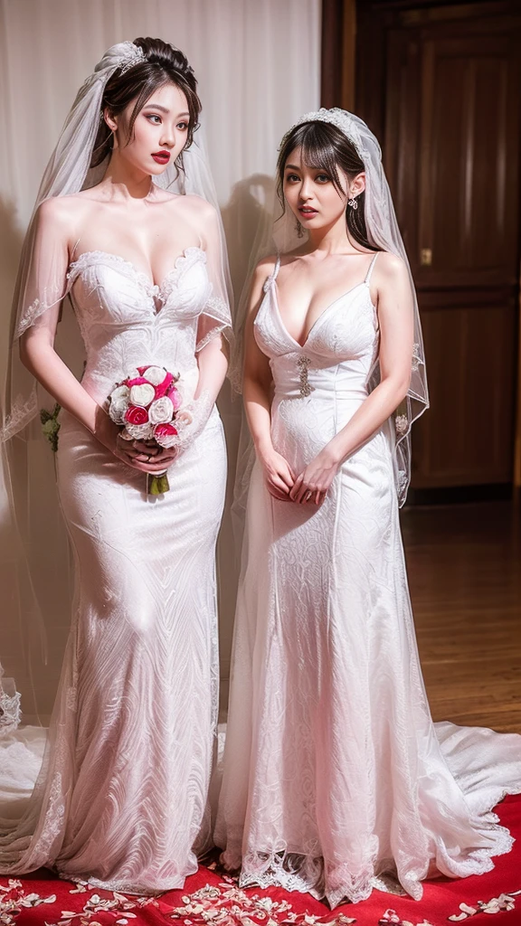 (8k, RAW photo, best quality, masterpiece:1.2),(realistic, photo-realistic:1.37),(Ultra-realistic 8k CG: 1.2), Ultra High Resolution, (two girls, a Japanese girl and an Indonesian girl:1.6), bare shoulders, Cinematic lighting, (red longdress wedding dress:1.5),(SFW:1.3),(Full Body:1.7),(cute face:1.3),(big breasts:1.3),(high heels:1.3),(big hips1.3), (medium thighs:1.3),(covered breasts:1.3),(bust cleavage:1.1),(lipgloss:1.3),(Cute eyes:1.3),(Red lips:1.3),(Smooth skin texture:1.3),( Precise and perfect human anatomy: 1.3),(Beautiful and perfect facial features: 1.3), (Long eyelashes: 1.3),(Red lips: 1.3),(Shiny and textured lips: 1.3),(Smooth skin texture: 1.3),(earrings: 1.3),(Beautiful detailed eyes: 1.3),(Natural Color Lips: 1.3),(Beautiful face: 1.3),(Wedding Bridal Veil With Comb:1.6),(Wedding Garte:1.6),(Wedding Hair:1.6)