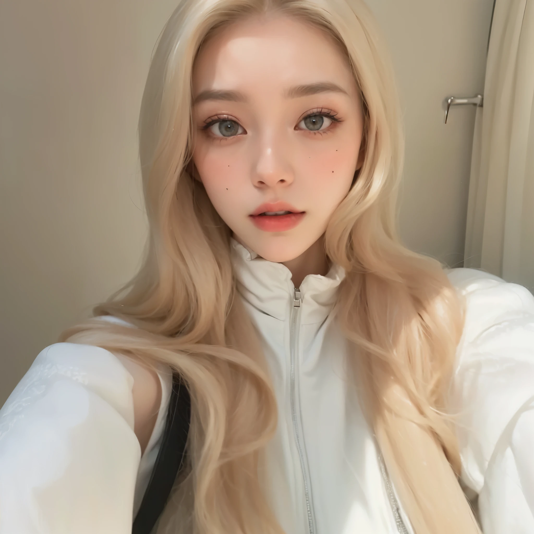 um close de uma mulher com longos cabelos loiros vestindo uma jaqueta branca, pale and glowing skin, pale porcelain white skin, soft and flawless pale skin, pale round face, Modelo IG | artegerm, com cabelos longos brancos, pele clara cabelo loiro cacheado, fair and pale skin!!, pale milky white porcelain skin, beautiful aesthetic face, Ulzzang, natural soft pale skin
