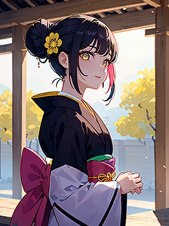 kimetsu no yaiba style, 1 chica, solo, Sonrisa, ojos rosados, pupilas blancas en forma de flores, pelo negro, hair up in a bun, Sujeto con un perno, kimono rosa, Obi Belt, ((retratos de un)), nevando, Derivas, Cielo oscuro, Caen los copos de nieve, (obra maestra), (mejor calidad), (Sobredetalización),(pelo despeinado),(illustration), (a 1 chica), (Vestuario a la moda), se encuentra, modelo, mira al espectador, (entrevista), (Fondo simple), hermosos detalles ojos, Cara suave y hermosa, Ascendente, (high saturation), (salpicaduras de colores), burbuja colorida, (resplandor), Enfoque facial, (resplandor), Better lighting, Mejor sombra, (obra maestra, alta calidad, mejor calidad)