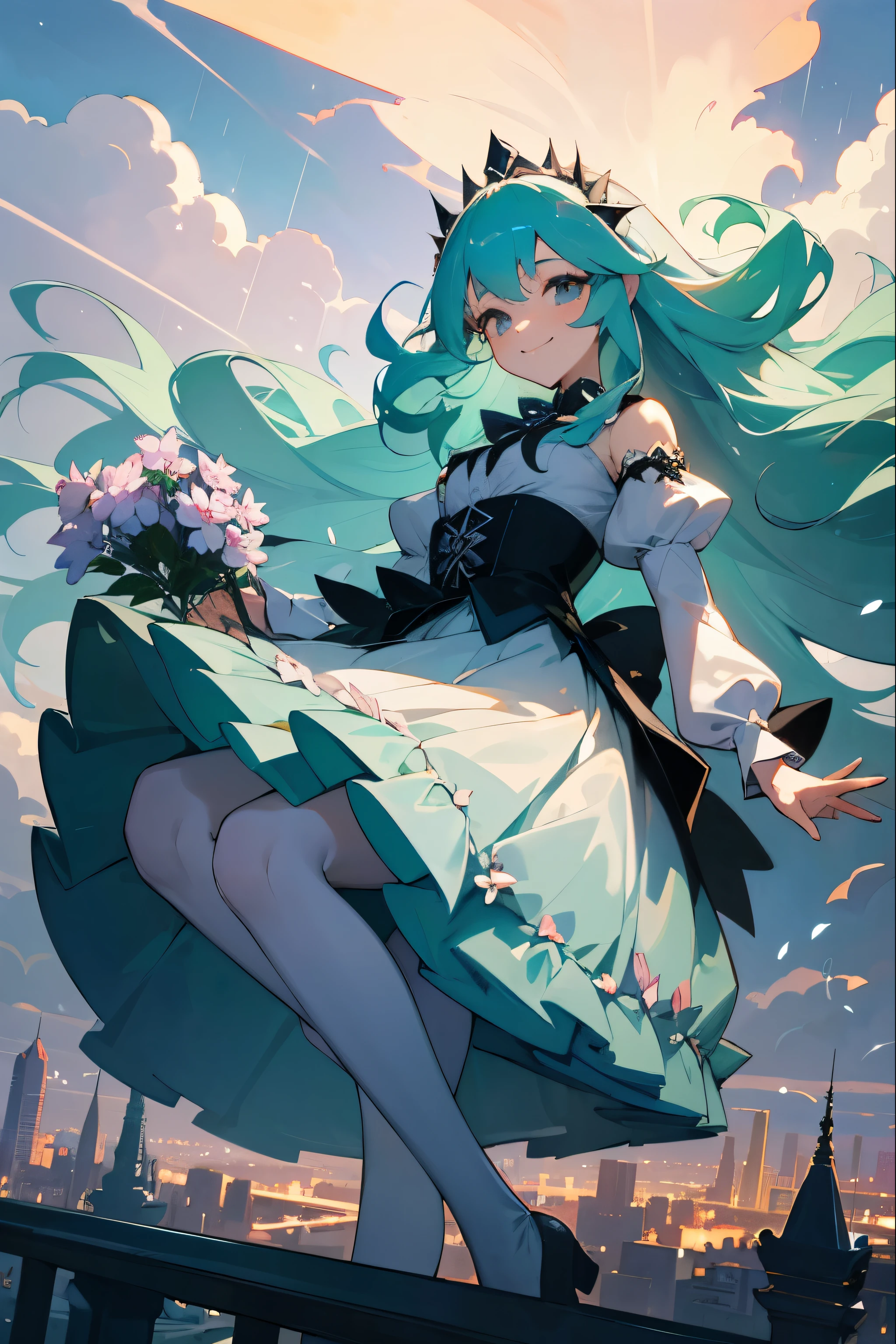 (masterpiece, detailed), 1girl, solo, Princess curls, white fainted aqua hair, floating hair, transparent high stockings, from below, elegant, graceful, holding flowers, smiling, goth clothing, colorful dress, cloudy sky, cityscape, pleated skirt, scenery, city, night, raining, 8k, pixiv