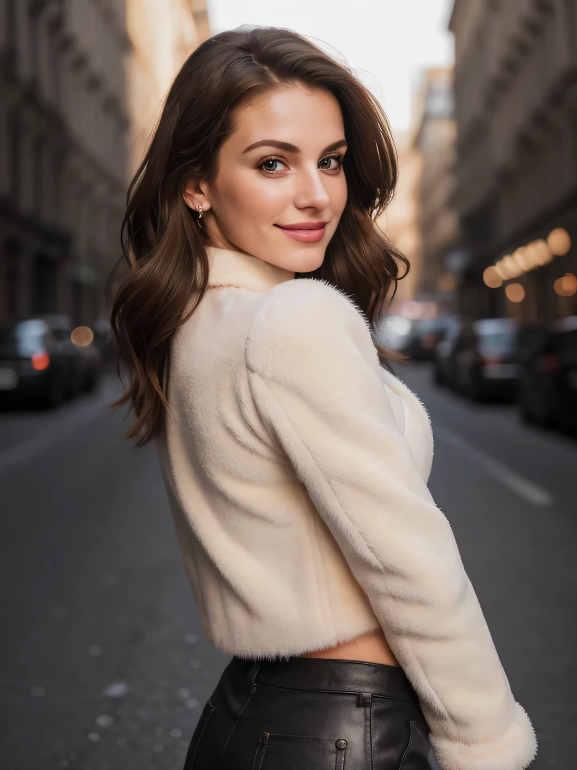 back view, photography of 1 stunning 23 year old girl, brunette hair , standing in the city, wearing crop fur jacket with fur underwear, cute smiling on her face, portrait picture, looking into camera , medium shot, spectacular lighting, gorgeous, (deep cleavage), (high detailed skin:1.2), 8k UHD, DSLR, soft lighting, photoshoot, ultra high res.photorealistic:.1.4, (masterpiece), best quality, high resolution, extremely detailed background, skin with pores, , cinematic lighting Completed