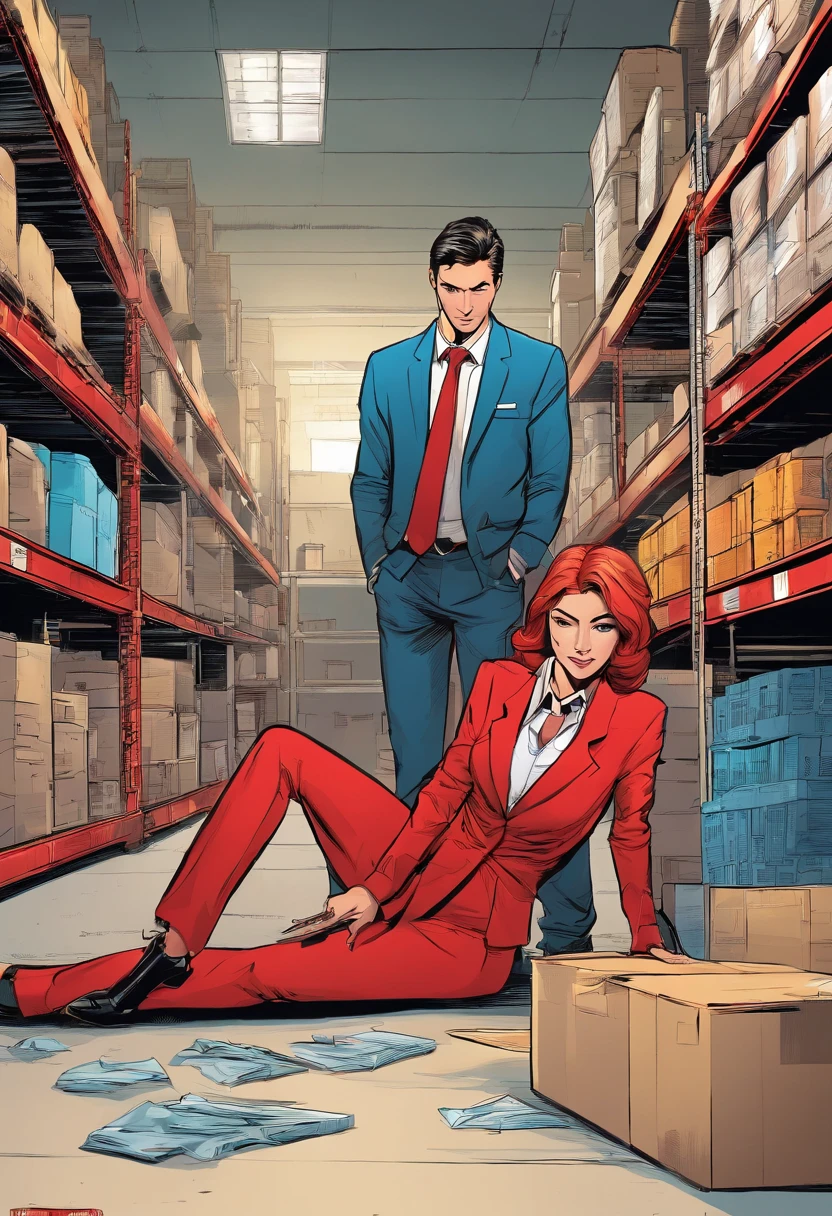 A man and a woman in a clean warehouse. The man wears a business suit and he is tied down to the floor. The woman is wearing tight red clothing and holding a menacing chrome scissors.