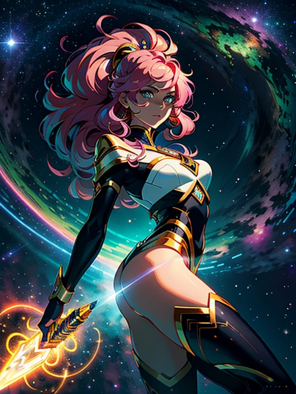 A vibrant-haired star guardian stands tall, su cabello liso cayendo en suaves ondas, adornado con un uniforme estelar. She emanates an aura of power and cosmic protection... The illustrative style is inspired by the dynamic and futuristic works of Syd Mead.,. La paleta de colores combina tonos atrevidos y luminosos., reflecting the celestial energy that runs through your being. The camera angle captures the guardian in an imposing posture., highlighting its strength and connection to the cosmic realm.