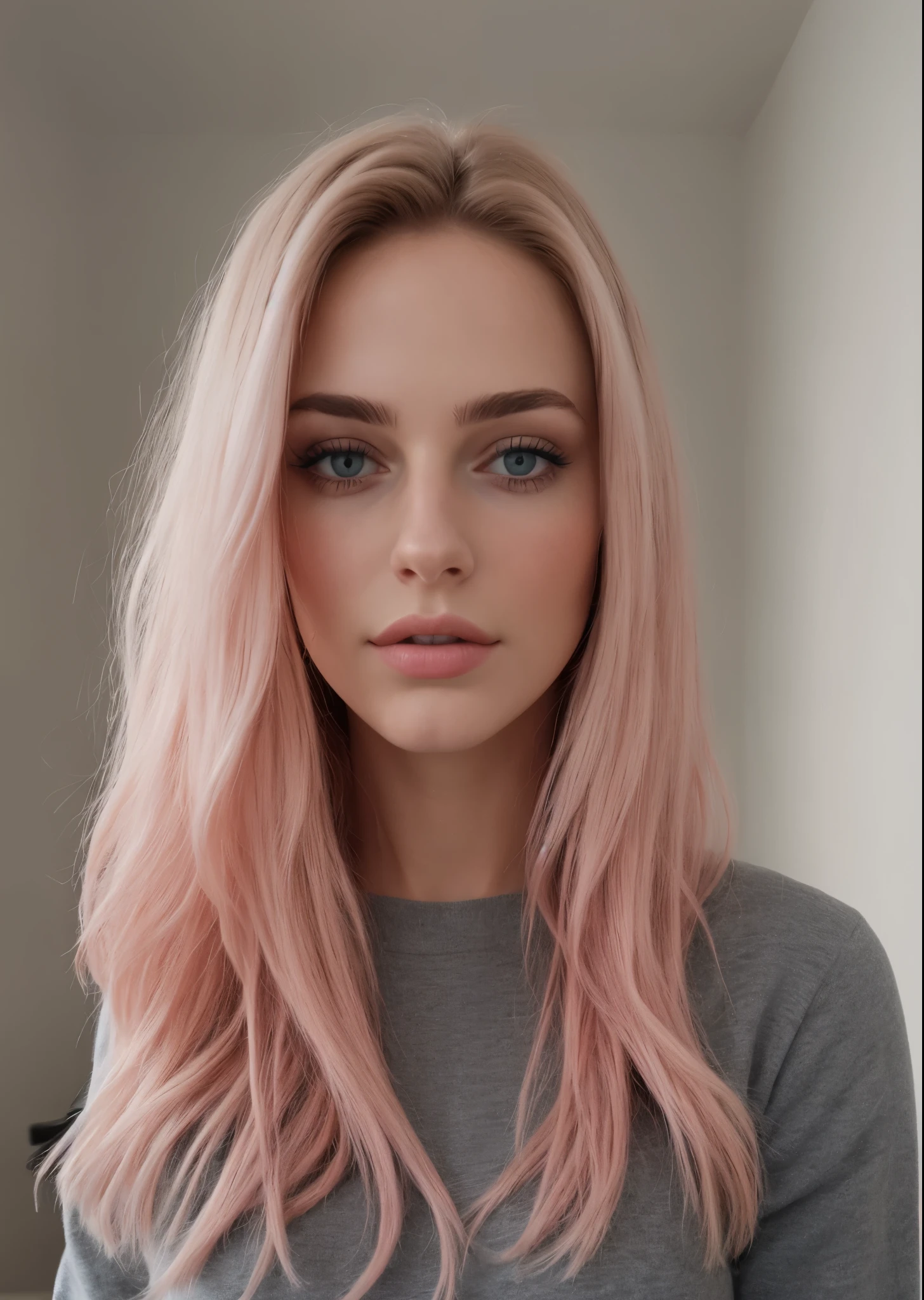 taken with iphone camera BREAK medium shot selfie of a pretty young woman BREAK (ombre:1.3) blonde pink BREAK film grain, medium quality