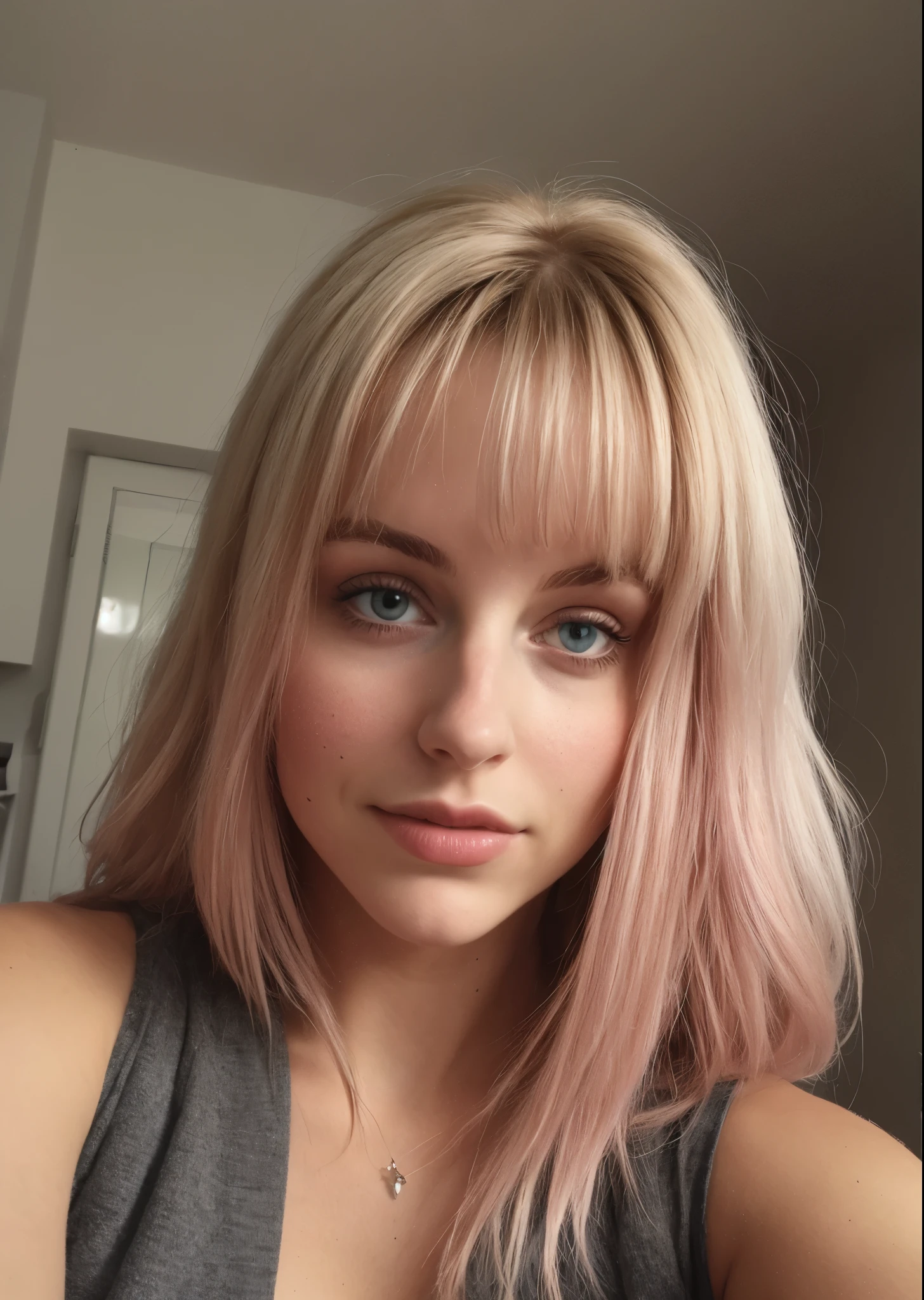 taken with iphone camera BREAK medium shot selfie of a pretty young woman BREAK (ombre:1.3) blonde pink BREAK film grain, medium quality