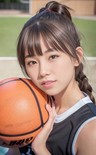 head shot,dribbling a basketball,,smile,sportswear for basketball, adorable, japanese girl, Hair brown hair,Braid, hair scrunchie, (high color saturation:1.0), highest quality, ultra high resolution, photo-realistic, Super detailed, 8K, RAW photo NSFW