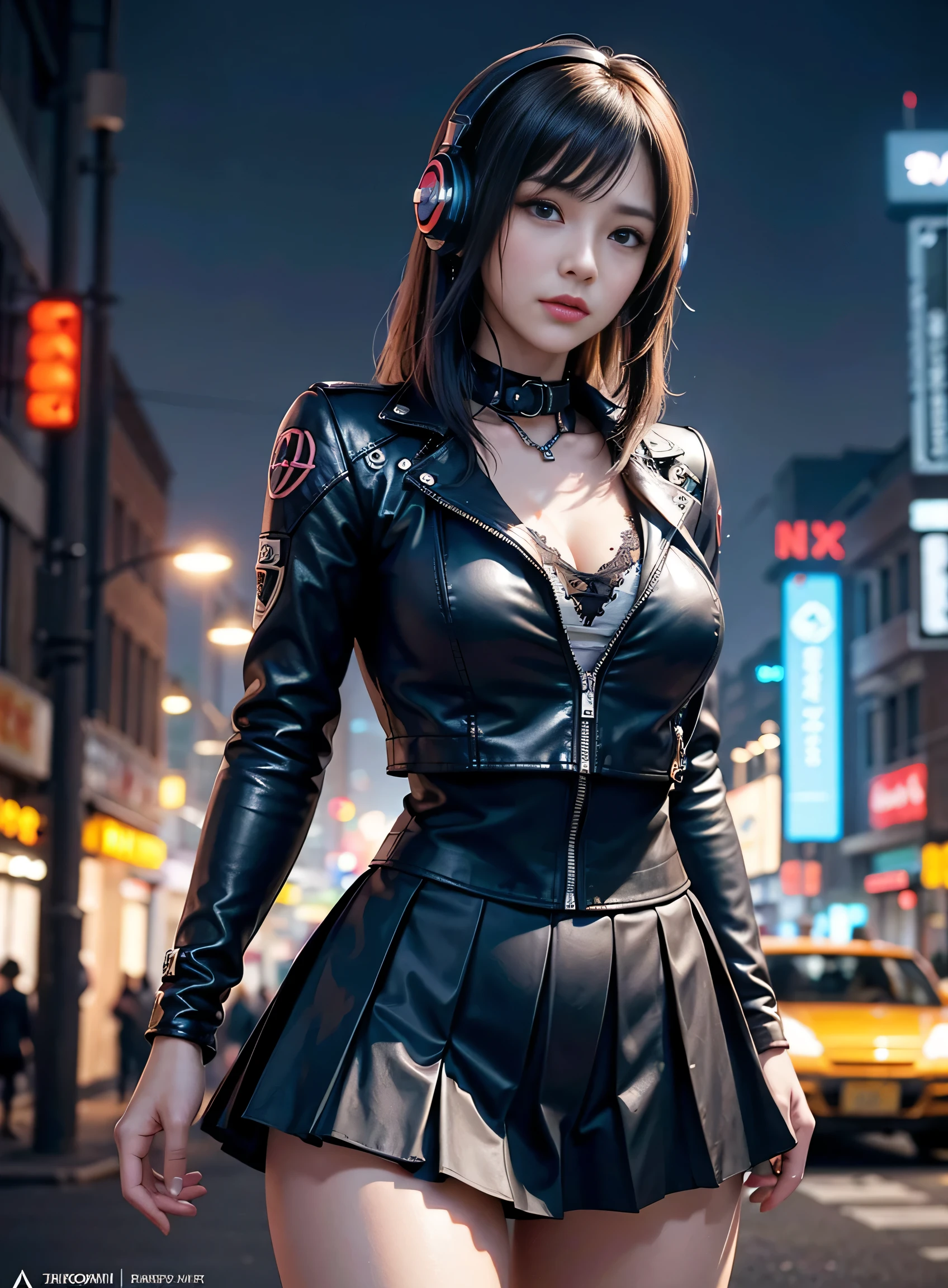 sfw, best quality, realistic, photorealistic, award-winning illustration, (intricate details:1.2), (delicate detailed), (intricate details), (cinematic light, best quality Backlights), clear line, sharp focus, official art, unity 8k wallpaper, absurdres, incredibly absurdres, huge filesize, ultra- (in_main_street:1.21), (neon lamp),fantasy art, rtx,((award winning studio closeup photo of a triangle)), 1girl,Incredibly beautiful,(closed mouth),small breasts,((Cyberpunk city Street, Battle Maiden,Katana, robot arm)),beautiful detailed eyes,Perfect Face,(Cyberpunk blouse, leather jacket, Martin boots),(headphones_around_neck),(headphones_around_hair),((pleated skirt)), ((Supermodel Pose)), wearing bra,((skinny waist)), young asian girl, ((big )),