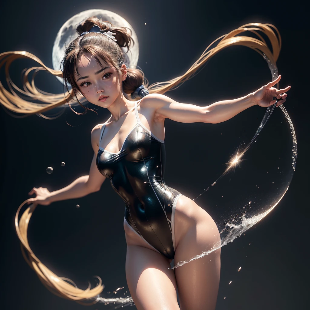 8K, highest quality, masterpiece, ultra high resolution,(realism: 1.5), Original photo, (realistic skin texture: 1.3), Japan's most beautiful idol Haruhi Suzumiya, (highest quality: 1.2), (super fine: 1.2), (very delicate and beautiful: 1.2), Film Angle, (beautiful detail eyes: 1.1), (detail light: 1.1), (Reality, photorealistic:1.37), (correct anatomy:1.37), Extremely transparent one-piece nightgown, Gymnastics wide spread legs, (high ponytail: 1.1), (moon: 1.2), (moonlight: 1.1), starry sky, (particles of light: 1.1), Cinematography, Worked, Elegant, methodical, Spectacular, maximum detail, very super aesthetic, intricately detailed, Gymnastics wide spread legs