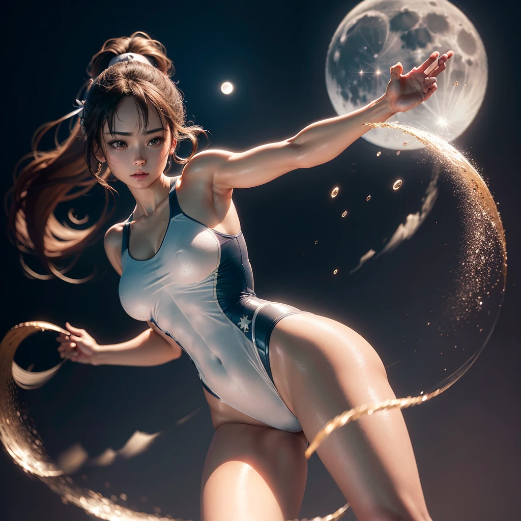 8K, highest quality, masterpiece, ultra high resolution,(realism: 1.5), Original photo, (realistic skin texture: 1.3), Japan&#39;s most beautiful idol Haruhi Suzumiya, (highest quality: 1.2), (super fine: 1.2), (very delicate and beautiful: 1.2), Film Angle, (beautiful detail eyes: 1.1), (detail light: 1.1), (Reality, photorealistic:1.37), (correct anatomy:1.37), Extremely transparent one-piece nightgown, Gymnastics wide spread legs, (high ponytail: 1.1), (moon: 1.2), (moonlight: 1.1), starry sky, (particles of light: 1.1), Cinematography, Worked, Elegant, methodical, Spectacular, maximum detail, very super aesthetic, intricately detailed, Gymnastics wide spread legs