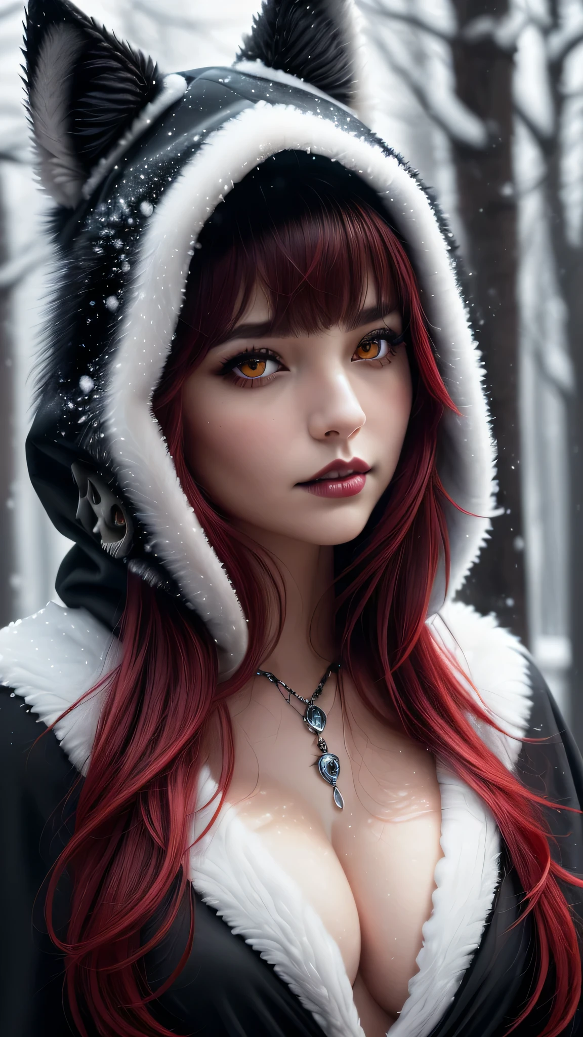 Ultra-realistic、 ultra-detailed portraits、 最high quality、 8K、highest level、 The ultra -The high-definition、(Super beautiful detailed face:1.5)、(detailed eyes:1.2)、(detailed lips:1.2)、(Detailed nose:1.2)、cinematic lighting、(anatomically correct:1.3)、((cleavage))、(I encourage you to choose a subdued and perfectly coordinated background for your phenomenal, diverse random creation)、(Use any technique of combining materials, natural, artificial, (light, heavy, airy), metals, elements and fantasy magic, any style, any outfit, ((red_eyes))、((hair is a different color than eyes)), dynamic random fancy, professional hairstyles)、1girl:1.4 20years old、fashion supermodel、real:1.66、photorealistic:1.66、(very delicate and beautiful、fine details:1.3)、masterpiece、 最high quality、 (high quality)、 (absurdres)、 (sharp fous)、(Glamour, paparazzi taking pictures of her)、 contrast、 (dark shot:1.07)、red_lipstick:1.25、((perfect round eyes))、(snow-black realistic natural wolf skull as a hood with raw wolf fur:1.39)、(matte skin:1.3)