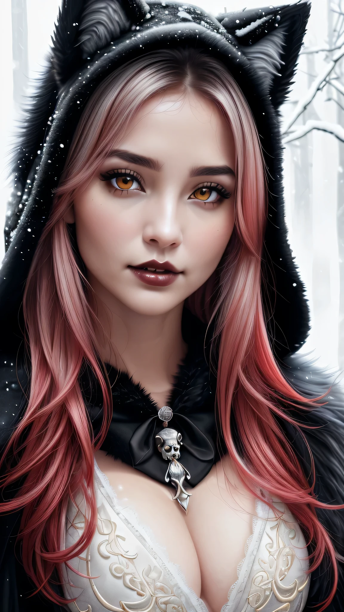 Ultra-realistic、 ultra-detailed portraits、 最high quality、 8K、highest level、 The ultra -The high-definition、(Super beautiful detailed face:1.5)、(detailed eyes:1.2)、(detailed lips:1.2)、(Detailed nose:1.2)、cinematic lighting、(anatomically correct:1.3)、((cleavage))、(I encourage you to choose a subdued and perfectly coordinated background for your phenomenal, diverse random creation)、(Use any technique of combining materials, natural, artificial, (light, heavy, airy), metals, elements and fantasy magic, any style, any outfit, ((red_eyes))、((hair is a different color than eyes)), dynamic random fancy, professional hairstyles)、1girl:1.4 20years old、fashion supermodel、real:1.66、photorealistic:1.66、(very delicate and beautiful、fine details:1.3)、masterpiece、 最high quality、 (high quality)、 (absurdres)、 (sharp fous)、(Glamour, paparazzi taking pictures of her)、 contrast、 (dark shot:1.07)、red_lipstick:1.25、((perfect round eyes))、(snow-black realistic natural wolf skull as a hood with raw wolf fur:1.39)、(matte skin:1.3)