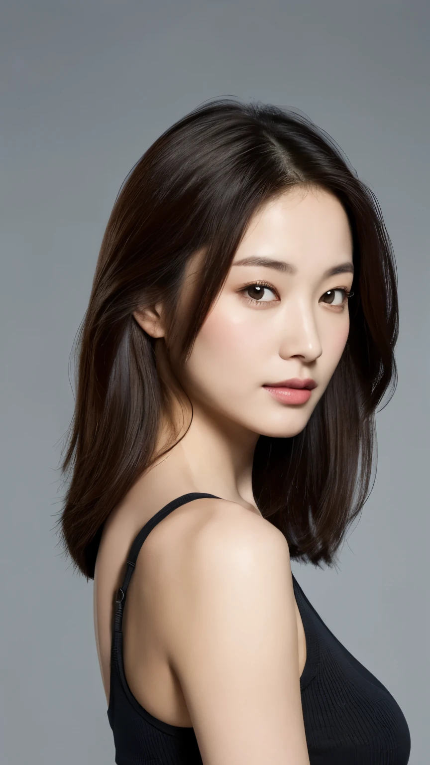 (Realistic, high resolution:1.3), 1 portait de femme asiatique, Visage et yeux super fins se tenant face a la camera,cheveux longs couleur noir, Random color tank top:1.2 seins de taille moyenne,