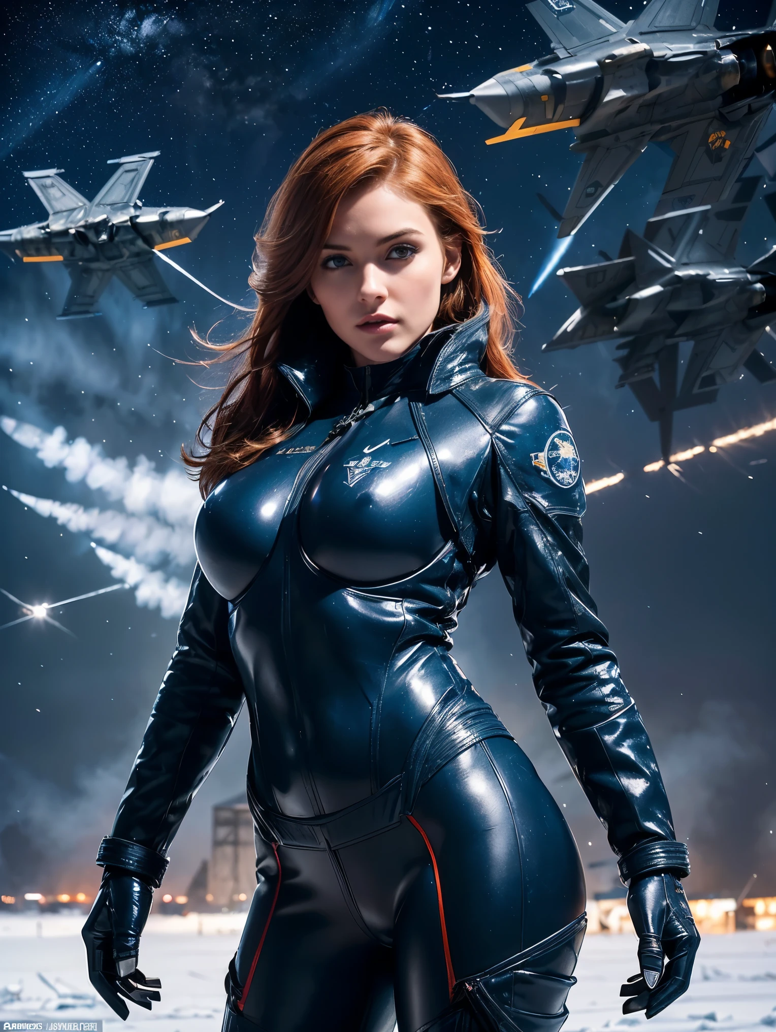 in a snowy hangar filled with (giant robots:1.1),(an ultra hot gorgeous European woman, age 23, auburn hair, she’s a playmate, men magazine model). (She’s equipped with jet fighter wings on her back:1.4) lots of light, sparkles, smoke. Outside the hangar, Winter starry night, northern lights. Masterpiece. UHD