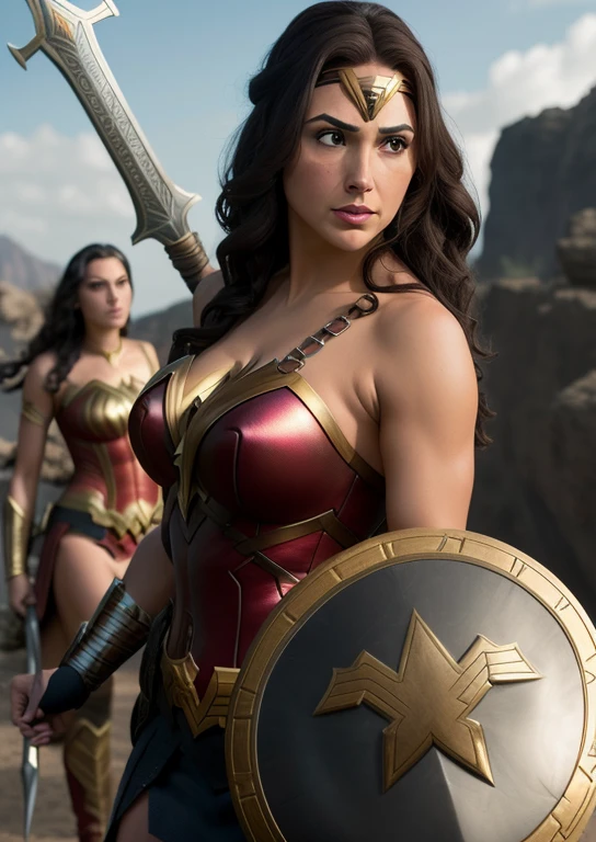 un primer plano de una mujer disfrazada sosteniendo una espada y un escudo, Mujer Maravilla, dwayne johnson as Mujer Maravilla, Gal Gadot as Mujer Maravilla, Gal Gadot as hell lord, film still of Gal Gadot, portrait of Mujer Maravilla, dressed as Mujer Maravilla, Coleccionables de SideShow, Gal Gadot, germen de arte ; motor irreal 3d