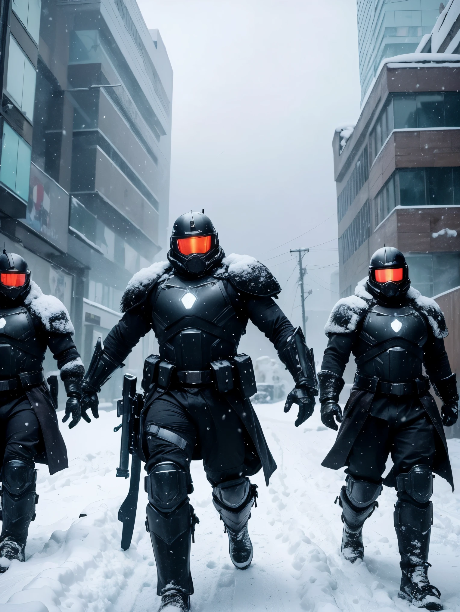 4 Warriors in action pose. In a snowy landscape, heavy snow storm. They wear black cyberpunk heavy combat armors with helmets. Masterpiece, UHD, ultra realistic 