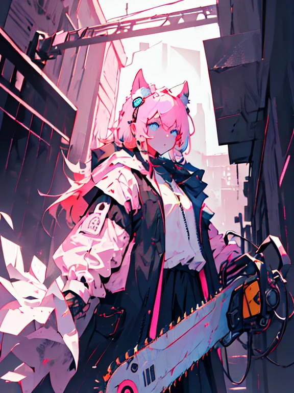 (best quality, highres, ultra-detailed, masterpiece:1.2), dark atmosphere, pink hair, captivating, blue eyes, cyberpunk art, machine parts, hiding the machine piece with a cloak, enormous chainsaw, food for black cat ears, gloomy lighting