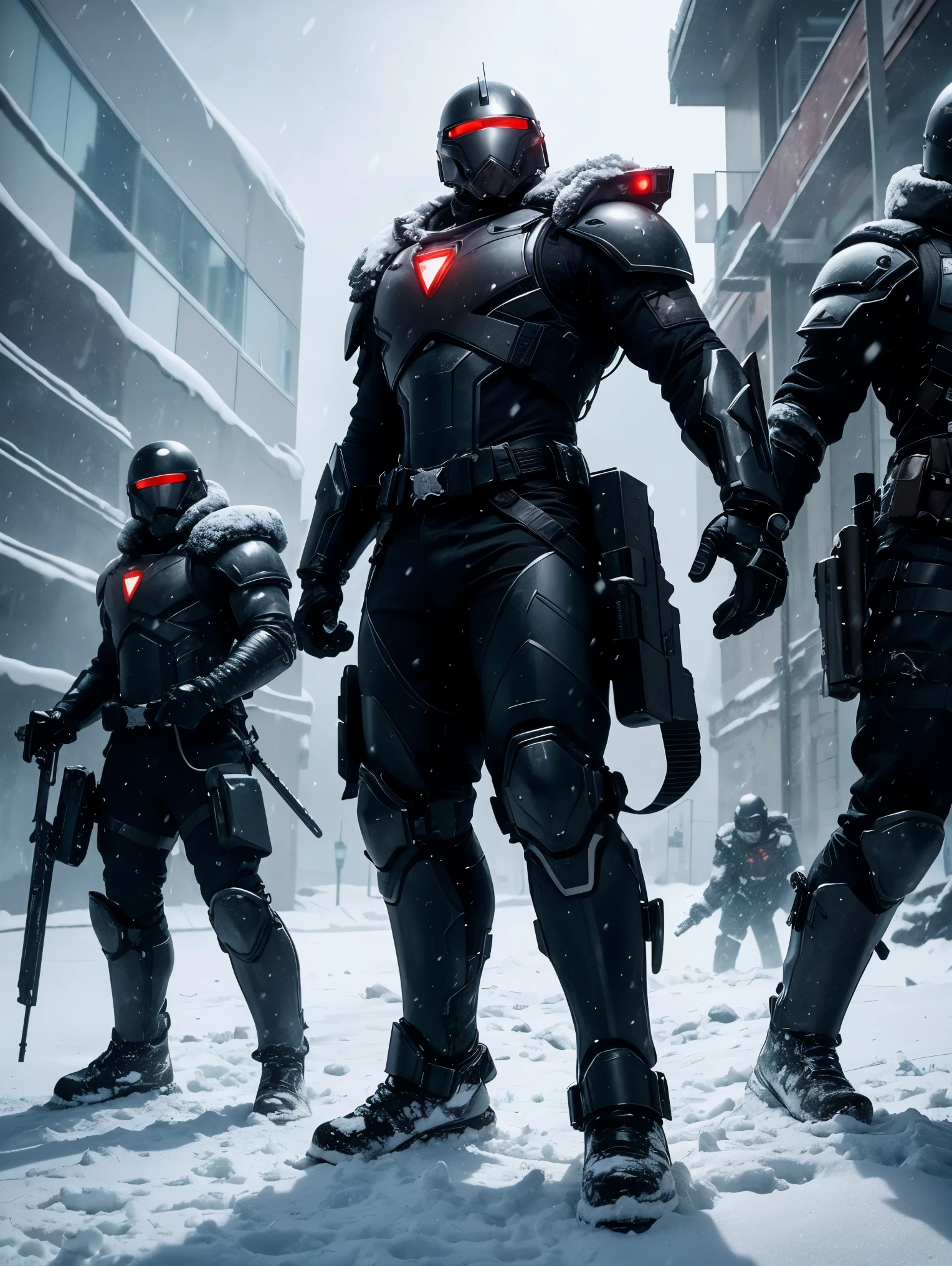4 Warriors in action pose. In a snowy landscape, heavy snow storm. They wear black cyberpunk heavy combat armors with helmets. Masterpiece, UHD, ultra realistic