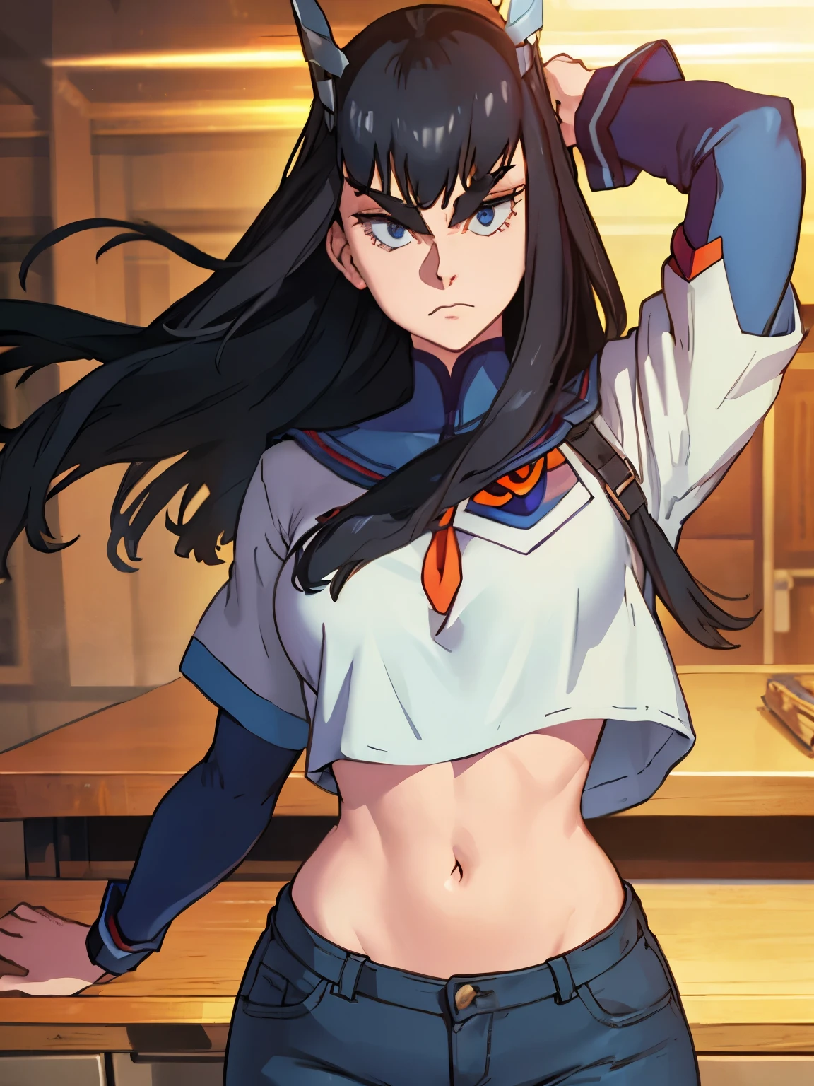 1girl, satsuki, long hair, cropped shirt, tight pants