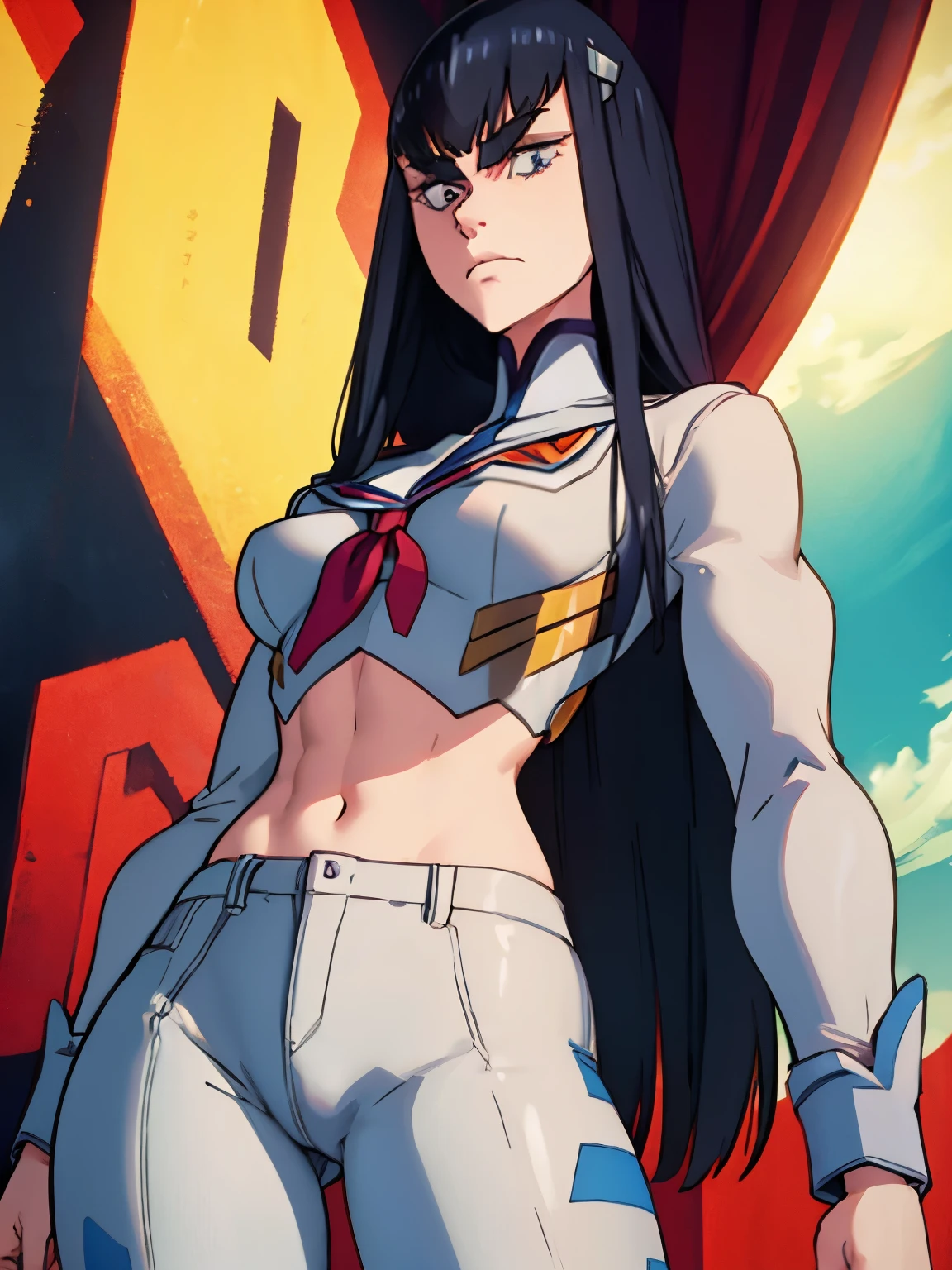 1girl, satsuki, long hair, cropped shirt, tight pants