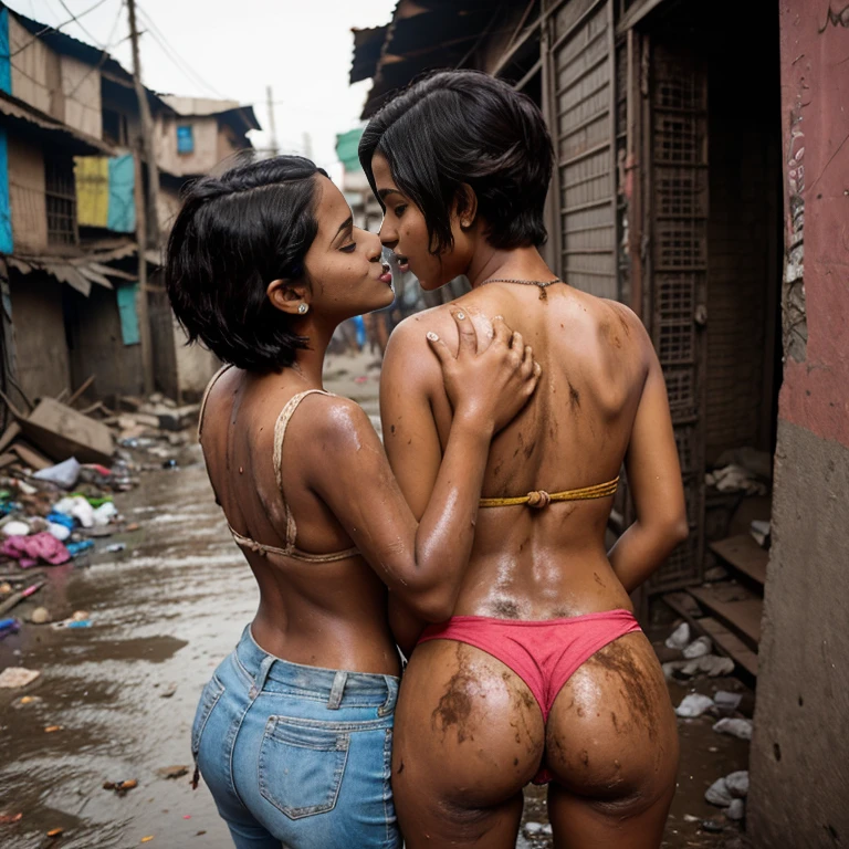 Desi age girl kissing her friend in dharavi slum. Covered in poop. Short hair. Dirty butt. Back shot